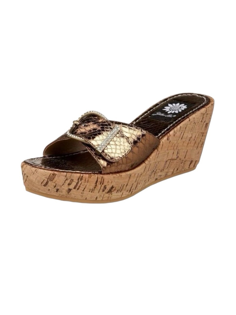 Yellow Box Shelly Bronze Rhinestone Snakeskin Cork Wedge Sandals